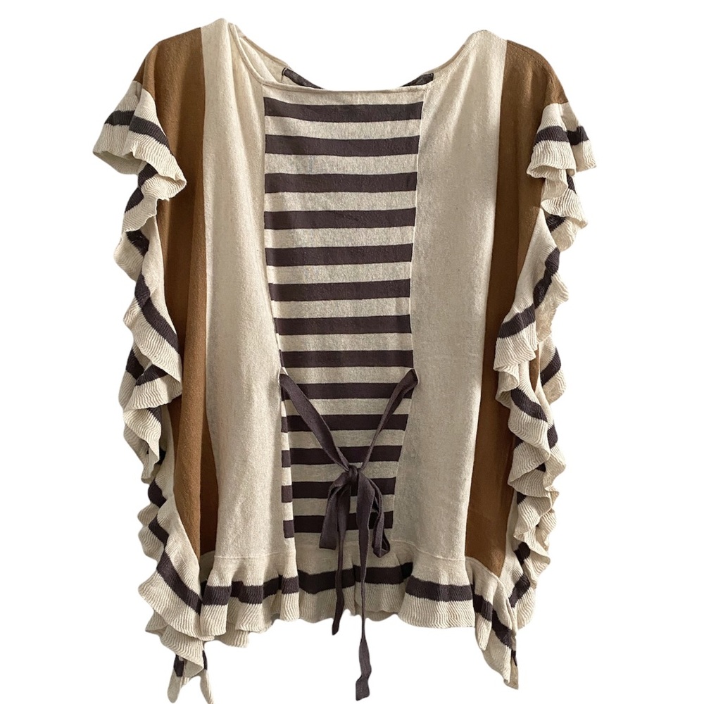 Anthro Moth ruffled & striped knit poncho with tie, cream brown